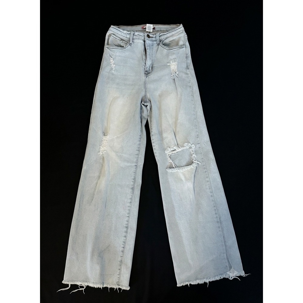 Vibe & Rant Wide Leg Distressed Jeans Light Wash Frayed Hem Size 5 W27 CN6769